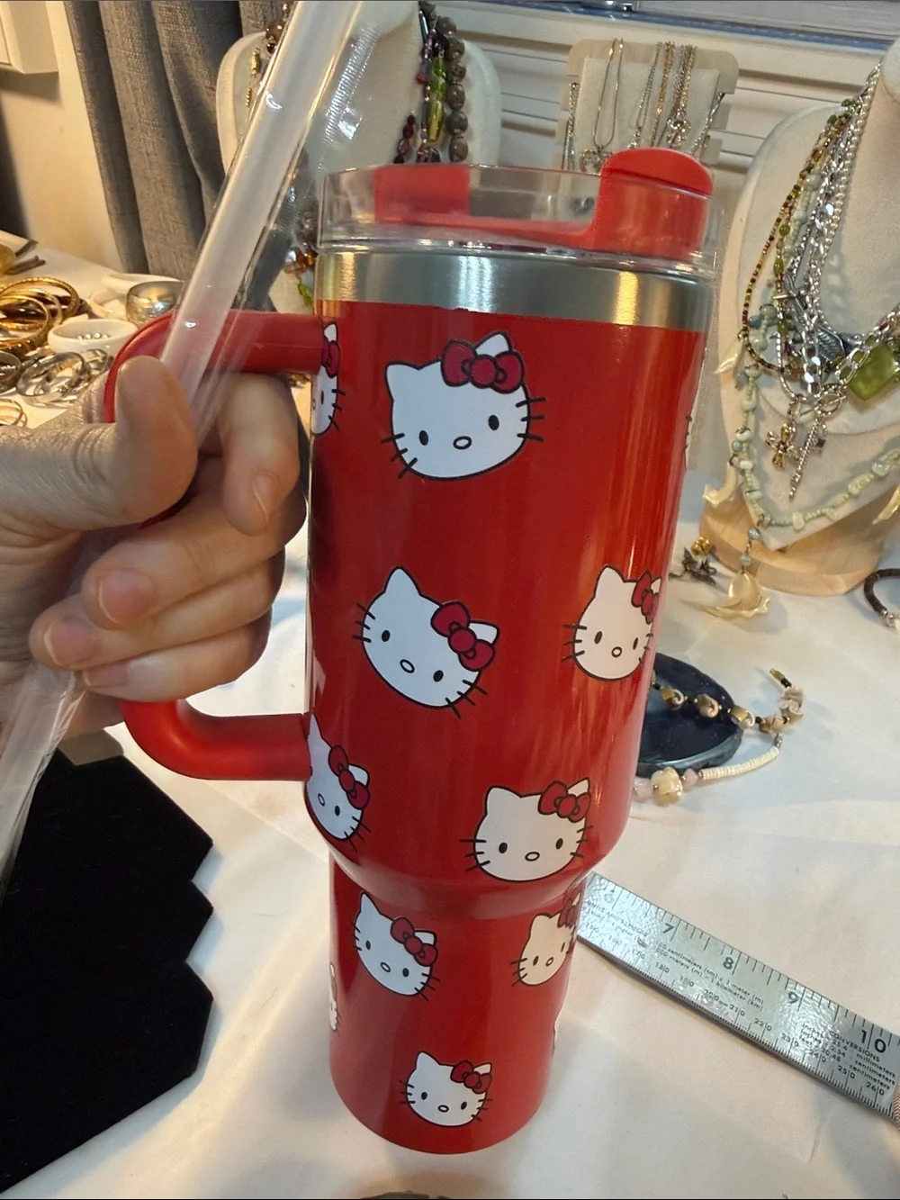 Kitty Red Travel Mug with Handle & straw 11” tall